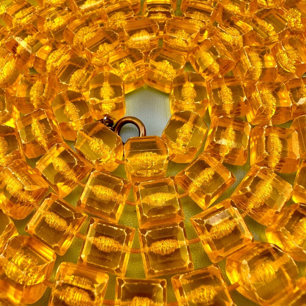 Vintage Lemon Yellow Lucite Cube Bead Necklace Opera Flapper 51" Retro Plastic